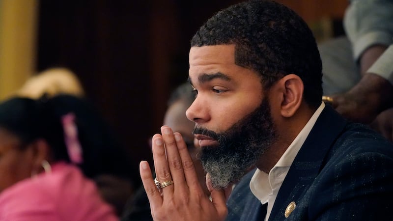 FILE - Jackson Mayor Chokwe Antar Lumumba watches a debate at the Mississippi Capitol on Feb....