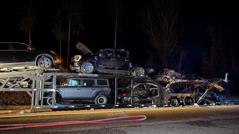 18-wheeler hauling multiple vehicles catches fire in Rankin County