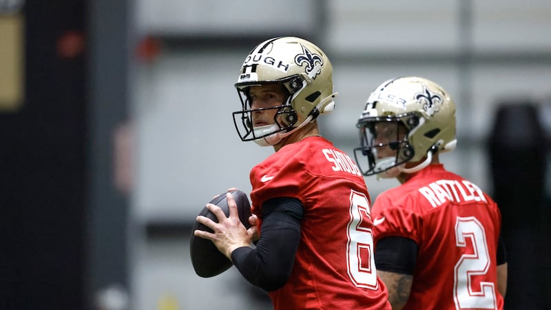 New Orleans Saints quarterback Tyler Shough (6) throws during NFL football practice in...