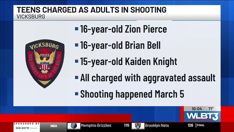 Three Vicksburg teens charged as adults after shooting